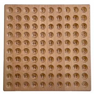 Ein Holzbrett mit 10 x 10 Vertiefungen und gravierten Zahlen von 1-100, oben links beginnend mit 1 und unten rechts endend mit 100.